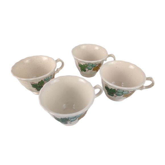 Set of 4 Vintage Metlox Vernonware VINEYARD Footed Tea Cups Grapes Leaves c1960 - Picture 2 of 6